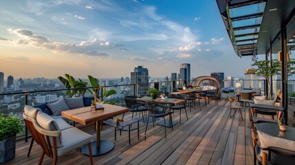 Fototapeta premium A rooftop coffee shop with panoramic city views, modern furniture, and a chic, upscale atmosphere, situated on top of a skyscraper. --ar 16:9 --style raw Job ID: 5c61165f-efbe-4c1a-b40b-22c6e1f28028
