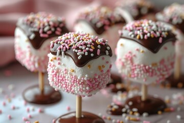 A close-up of a marshmallow pop dipped in chocolate and covered in sprinkles. 
