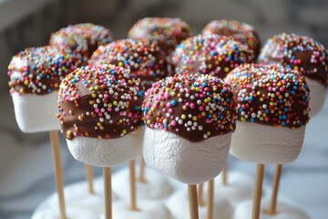 A close-up of a marshmallow pop dipped in chocolate and covered in sprinkles. 