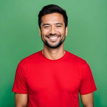 A smiling man wearing a red t-shirt without any logo or text and black pent    isolated green background, Ai Generated