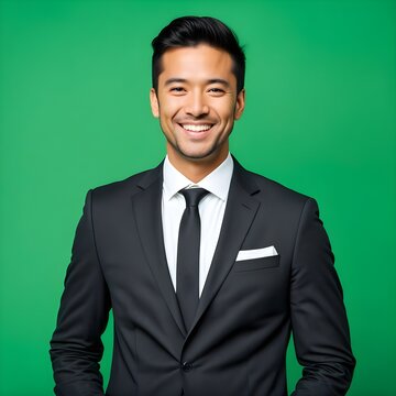 A smiling man wearing a red t-shirt without any logo or text and black pent    isolated green background, Ai Generated