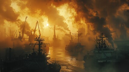 Fototapeta premium An industrial harbor with ships and cranes silhouetted against a smoky sky, creating a dramatic scene