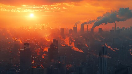 Fototapeta premium An urban skyline at dusk, the city covered in a layer of smog and pollution, creating a dramatic scene