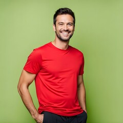 A smiling man wearing a red t-shirt without any logo or text and black pent    isolated green background, Ai Generated