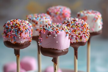 A close-up of a marshmallow pop dipped in chocolate and covered in sprinkles. 