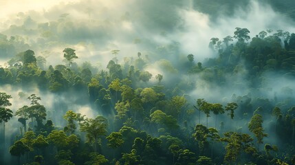 A dense forest with smoke from nearby industrial activity affecting the trees and plants