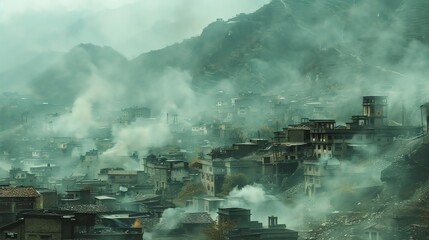 Fototapeta premium A mountain village overshadowed by a coal mine, smoke and dust affecting the pristine landscape