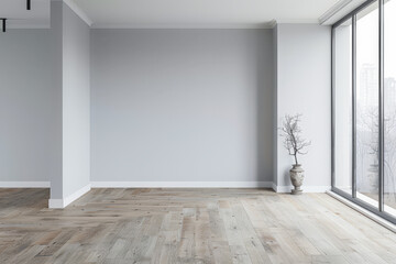 Fototapeta premium Empty room interiors in neutral tones with minimal or no furniture in a residential interior design composition. Apartment interior with ample copy space.