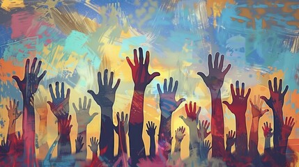 World Refugee Day with raised hands-on sky background