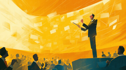 Investment Conference: A wide shot of a speaker at an investment conference, investment conference, photo, with copy space