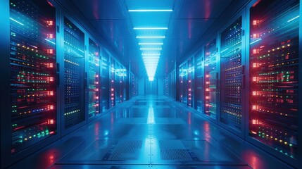 The data center of an online bank, servers and technicians in a high-security environment, with futuristic lighting. --ar 16:9 --style raw --stylize 250 Job ID: 48e47fde-5a4d-415b-92b1-054e55f8a35c