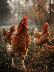 Fototapeta premium Moody lighting on chickens in a rural setting, wandering through a misty meadow, close up, countryside life, vibrant, composite, rustic farmhouse backdrop