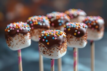 A close-up of a marshmallow pop dipped in chocolate and covered in sprinkles. 