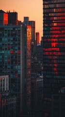 Moody lighting on a city skyline at sunset, capturing the warm hues and silhouette of buildings, close up, urban tranquility, vibrant, overlay, golden hour backdrop