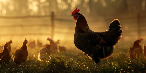 Farm chickens illuminated by moody lighting at dawn, capturing their early morning activities, focus on, rural life, realistic, silhouette, dewy grass backdrop
