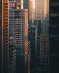 Obraz premium Moody lighting on a daytime city skyline, capturing the interplay of sunlight and shadows on skyscrapers, close up, urban elegance, vibrant, overlay, bustling metropolis backdrop