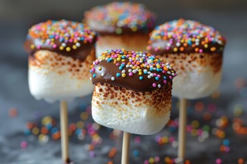 A close-up of a marshmallow pop dipped in chocolate and covered in sprinkles. 