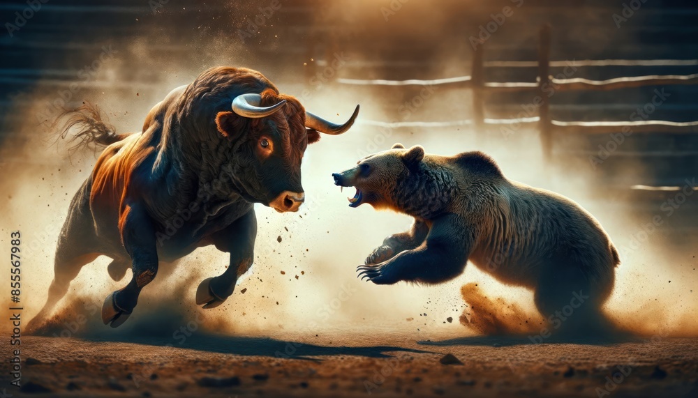 Poster bull and a bear facing off in a fierce battle amidst a dusty arena. The bull, powerful with prominent horns, - Posters