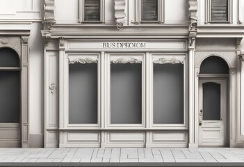 Fototapeta premium Vintage boutique storefront template featuring a white commercial facade layout. Design an elegant and timeless exterior for your boutique with this classic template.