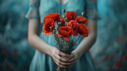 Woman holding a red poppy flowers bouquet in her hands on a blurred blue background, in a closeup. Daylight and shadow, soft focus, depth of field, with professional color grading, clear sharp focus, 