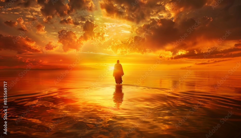 Wall mural The figure of Jesus walks on water on a beautiful sunset - Wall murals