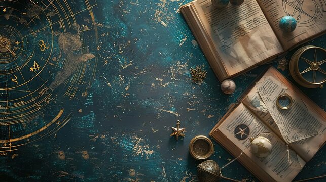 Top View, table with astrology books and charts, zodiac signs, celestial insights, photorealistic masterpiece, professional photography, professional color grading, cinematic light