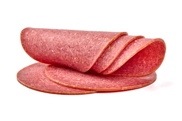 Thin salami sausage slices, isolated on white background.