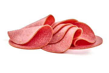Salami smoked sausage slices, isolated on white background.
