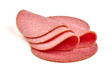 Thin salami sausage slices, isolated on white background.