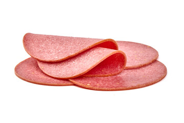 Salami smoked sausage slices, isolated on white background.