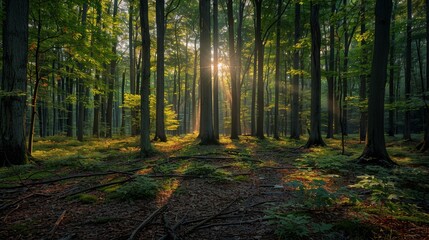 Fototapeta premium forest atmosphere with calming and cool afternoon sunlight. nature themed desktop wallpaper concept