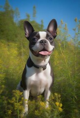 A cool Boston Terrier standing in a field of goldenrod with bees buzzing around and a blue sky overhead pet photography ador