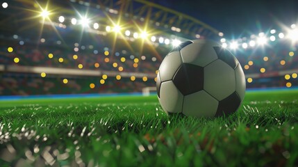 Fototapeta premium Soccer ball on a grass field in a brightly lit stadium, ready for an exciting match under the evening sky.