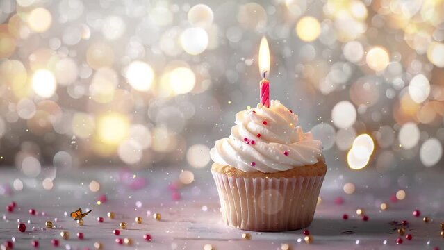 cupcake with candles with blurred lights background 