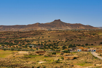 Tunisian landscape. View of the mountain range near Medenine in Tunisia. View taken from the heights of Ksar El Hallouf, former collective granary. 