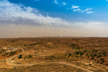Tunisian landscape. View of the mountain range near Medenine in Tunisia. View taken from the...