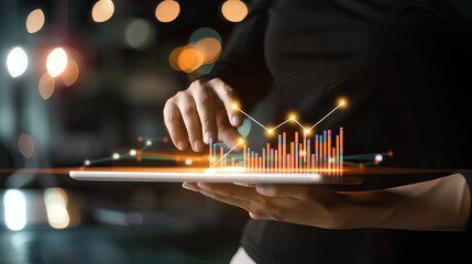 Businessman using tablet analyzing sales data and economic growth graph chart, Technology and icon customer global network connection. Business strategy. Innovative. Digital marketing