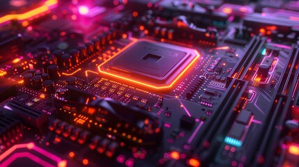 This is a close up of a computer circuit board. The board is black and green, and there are many small electronic components on it. The components are connected by tiny copper wires.