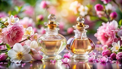Exotic Perfume Bottles on Unusual Background, Evoking Oriental Tenderness and Love. Floral Elements Conveying a Sense of Innocence and Romance in a Unique Setting