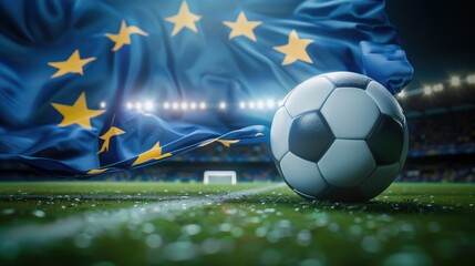 Fototapeta premium Soccer Football Ball, European flag Celebration - EM European Championship 2024 sport win, triumph, winner celebration concept background illustration with copyspace