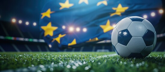 Fototapeta premium Soccer Football Ball, European flag Celebration - EM European Championship 2024 sport win, triumph, winner celebration concept background illustration with copyspace