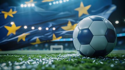 Fototapeta premium Soccer Football Ball, European flag Celebration - EM European Championship 2024 sport win, triumph, winner celebration concept background illustration with copyspace