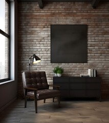 Modern beige wing chair near modern wooden coffee table. Interior design of minimalist living room with bright tone wall.