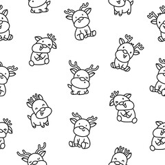 Cute kawaii deer character. Seamless pattern. Coloring Page. Cartoon funny wild animal. Funny moose. Hand drawn style. Vector drawing. Design ornaments.