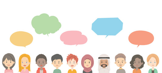 世界の人々の顔と吹き出しのイラスト