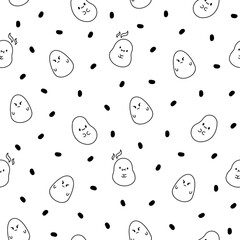 Cute happy potato character. Seamless pattern. Coloring Page. Cartoon kawaii food with funny face. Hand drawn style. Vector drawing. Design ornaments.