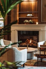 Professional Photography of a meeting lobby with a cozy fireplace and stylish decor, Generative AI