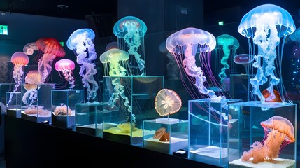 Fototapeta premium Diverse Glowing Jellyfish Species Showcased in Illuminating Exhibit at Osaka Aquarium Kaiyukan