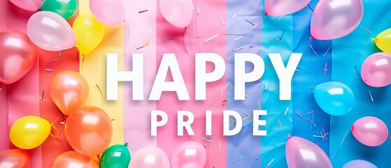 "HAPPY PRIDE" text on rainbow colored background