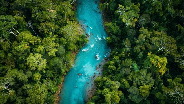 A river is seen in the middle of a forest. AI.